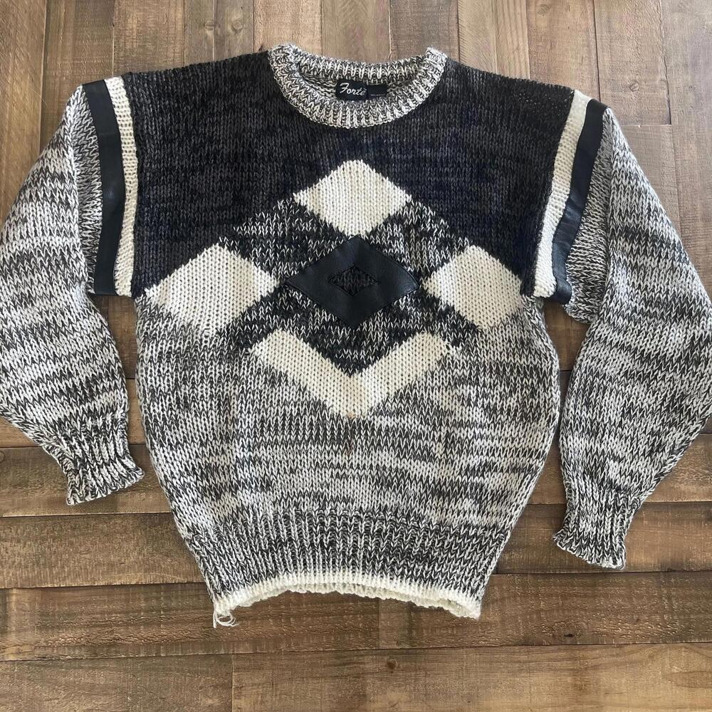 Vintage Forte Black White Sweater with Leather Accents